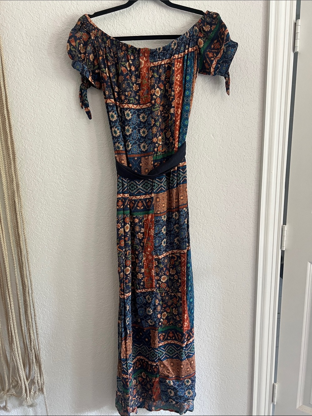 Dress Forum Printed Off-Shoulder Maxi Dress in Navy & Rust - Picture 3 of 3